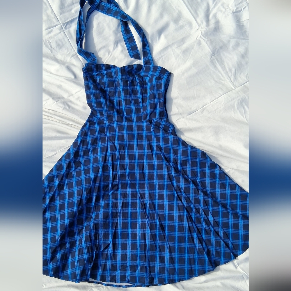Goddess Strapless Dress in Navy Checkered